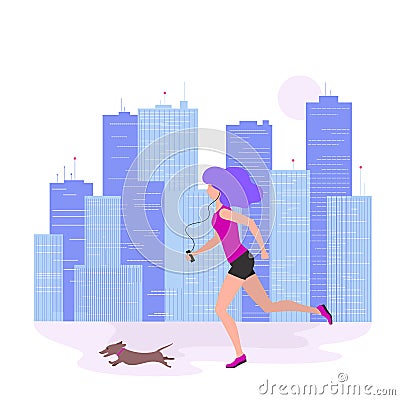 Vector illustration of a young girl and a dog running down a city street, sportswoman running Cartoon Illustration